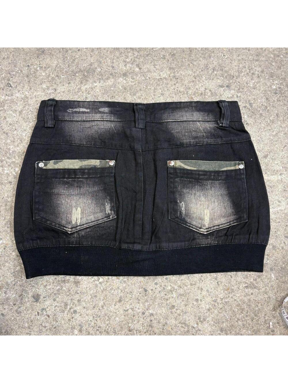Vintage Y2K Denim Micro Mini Skirt Low Rise Camo Panel - Picture 2 of 4